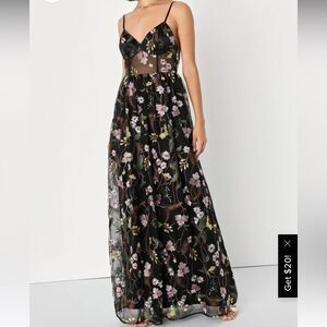Lulu's Black Sheer Floral Maxi Dress with Pink & Green Embroidery
